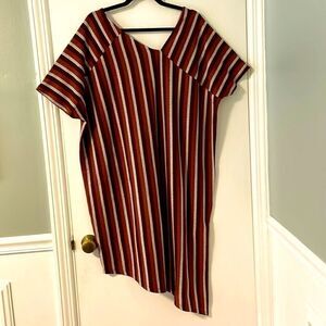 Umgee comfortable asymmetrical textured stripe dress in brown and white size 1X
